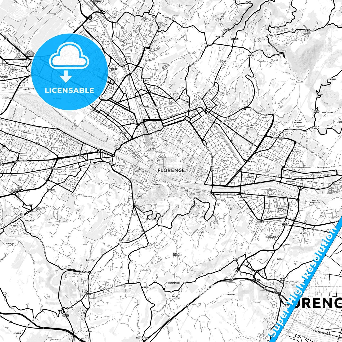 Florence, Italy Light Map with Street Names, City Names, and Districts