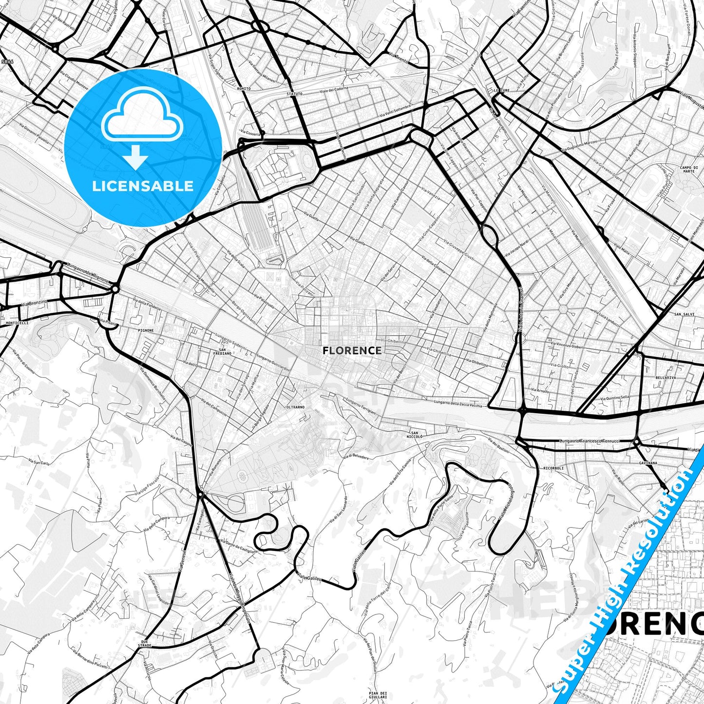 Florence, Italy Light Map with Street Names, City Names, and Districts