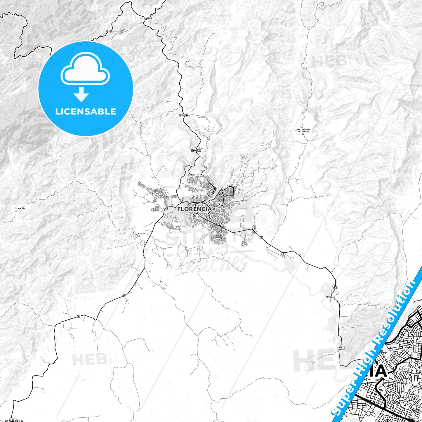 Florencia, Colombia light map with streetnames, citynames and districts