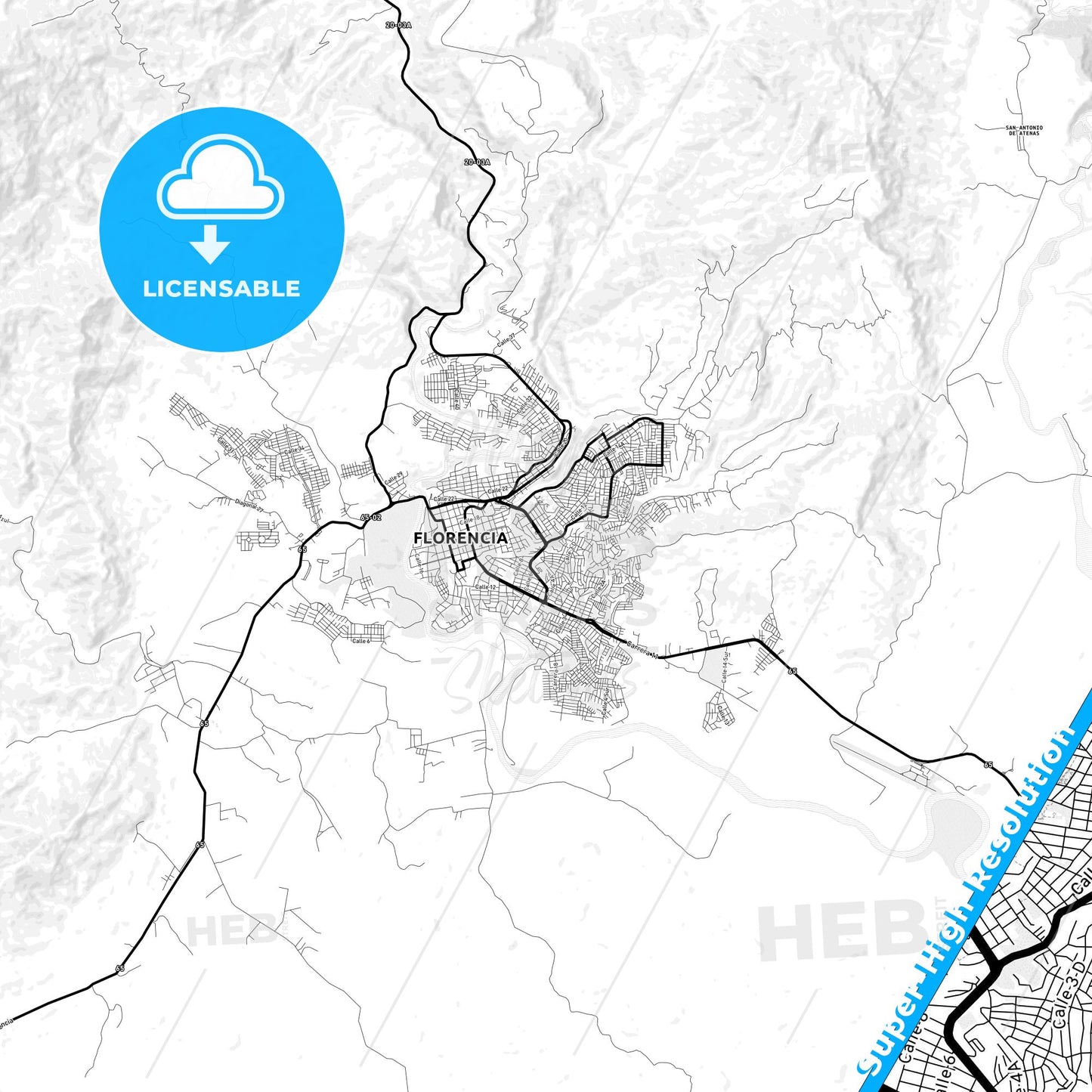Florencia, Colombia Light Map with Street Names, City Names, and Districts