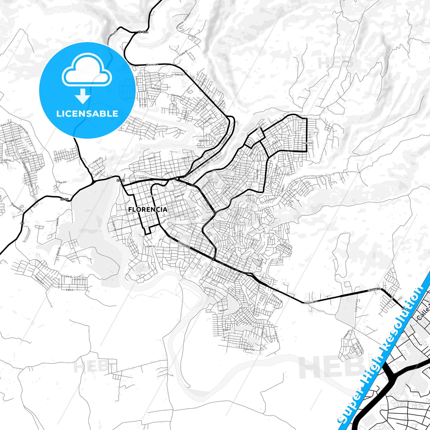Florencia, Colombia Light Map with Street Names, City Names, and Districts