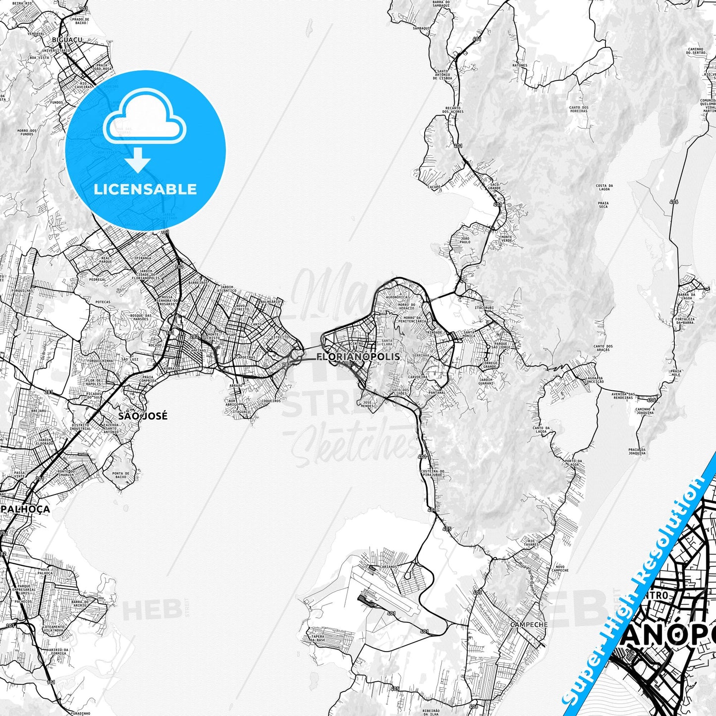 Florianopolis, Brazil light map with streetnames, citynames and districts