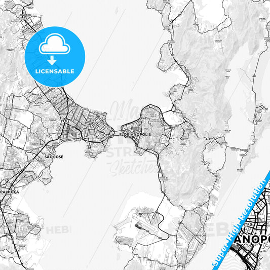 Florianopolis, Brazil light map with streetnames, citynames and districts