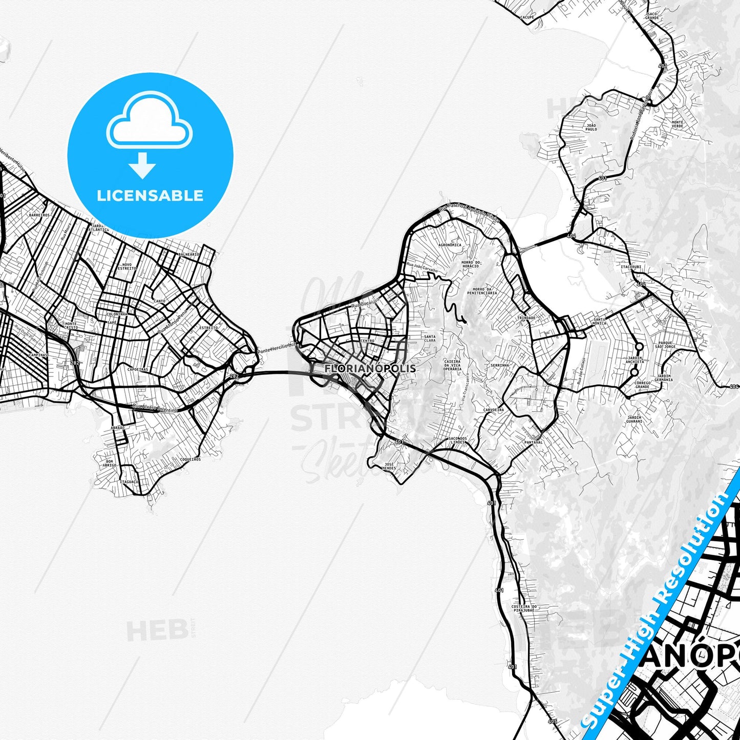 Florianopolis, Brazil Light Map with Street Names, City Names, and Districts