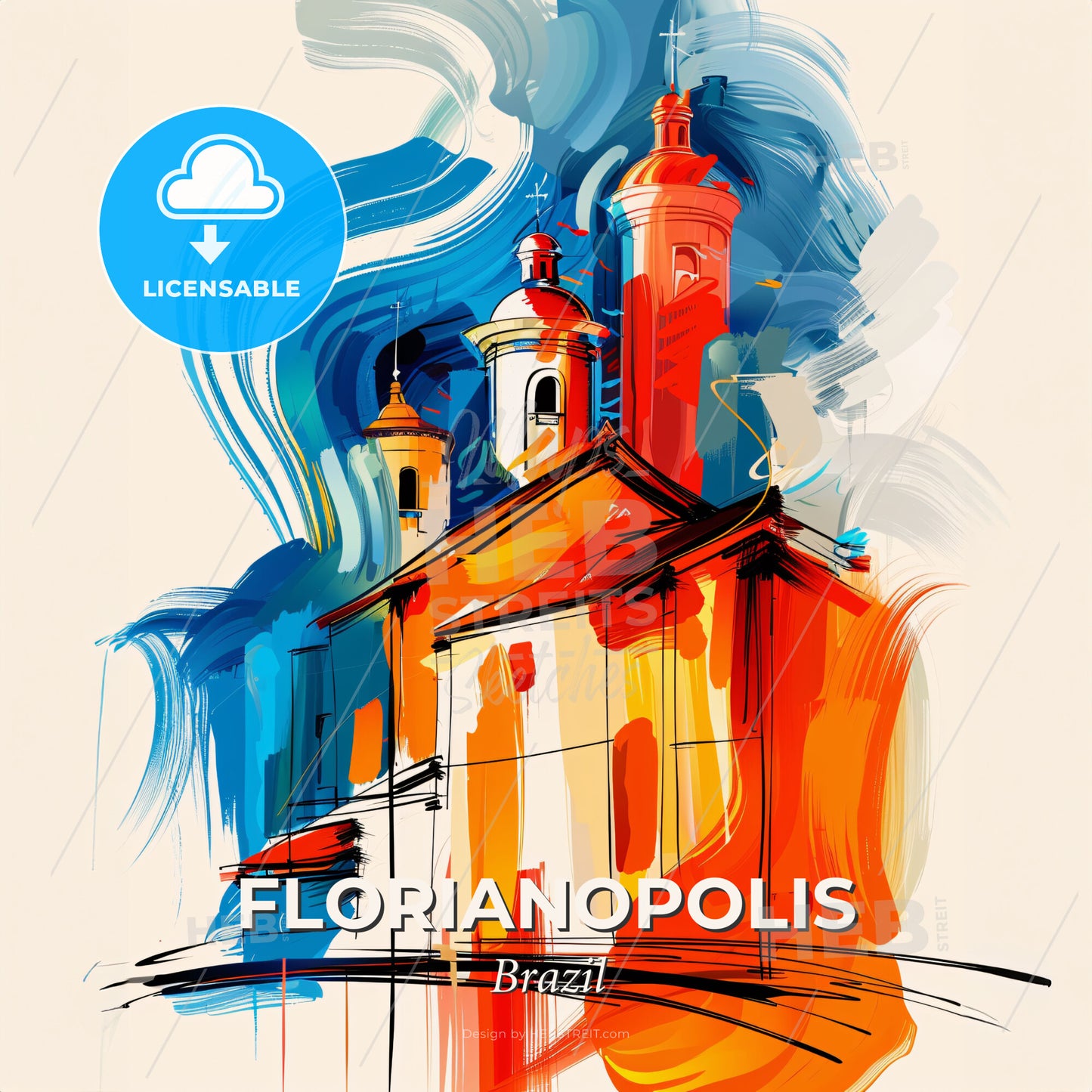 Vibrant Florianopolis, Brazil - A Painting Of A Building With Towers - Square format print template