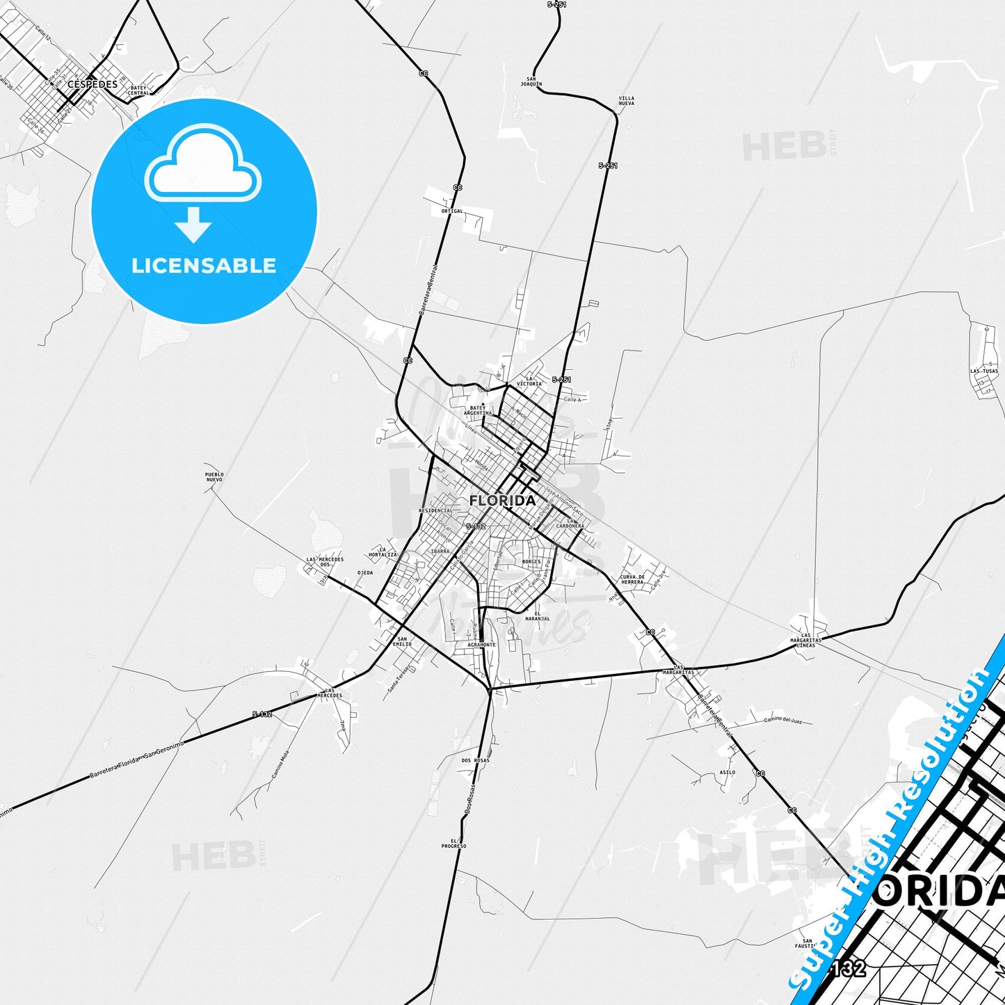 Florida, Cuba Light Map with Street Names, City Names, and Districts