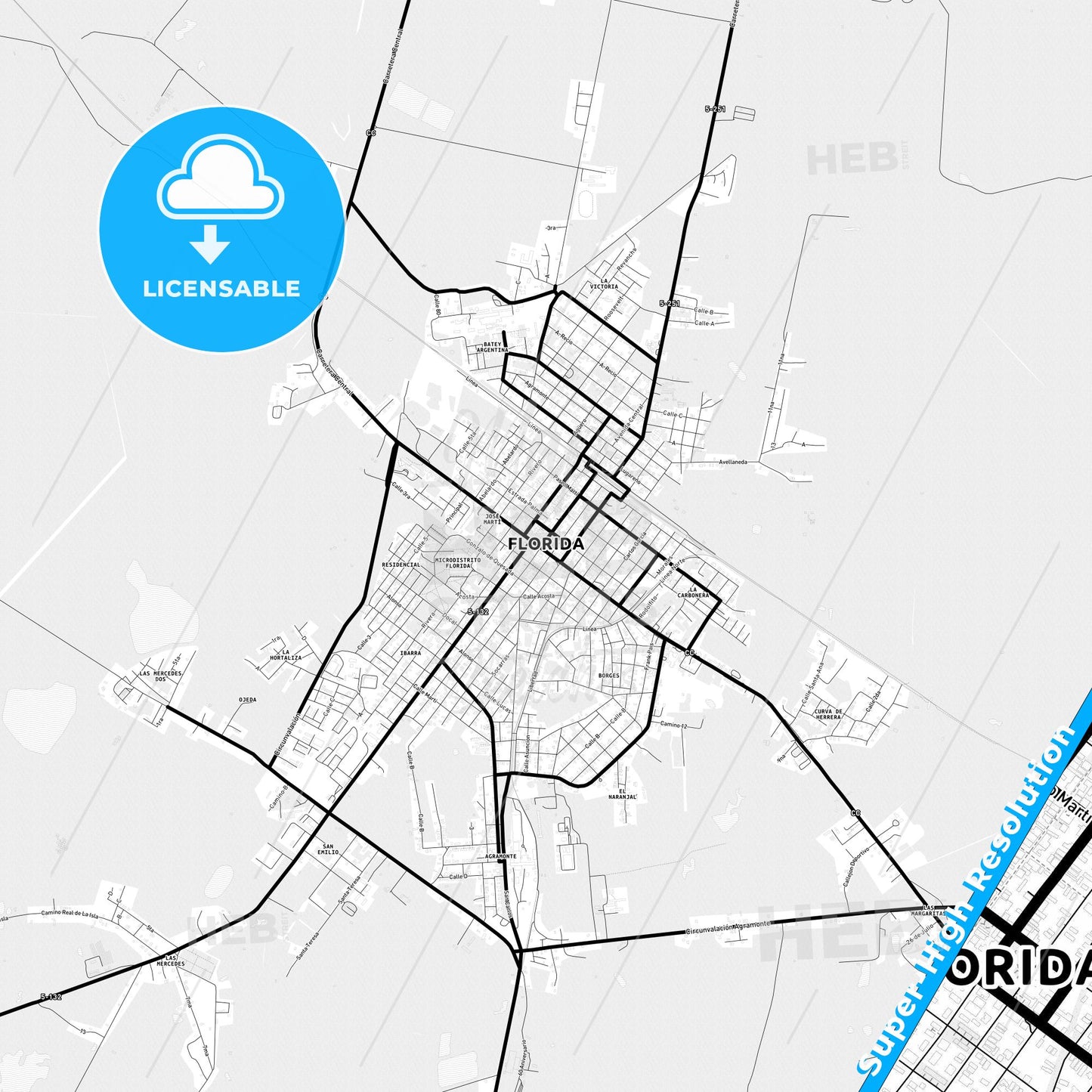 Florida, Cuba Light Map with Street Names, City Names, and Districts