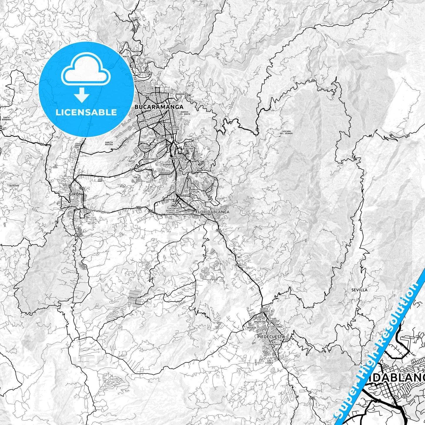 Floridablanca, Colombia light map with streetnames, citynames and districts