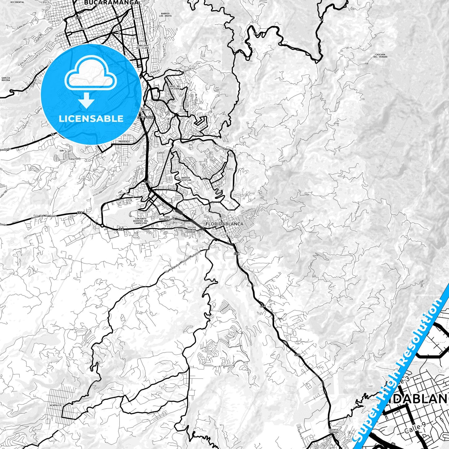 Floridablanca, Colombia Light Map with Street Names, City Names, and Districts