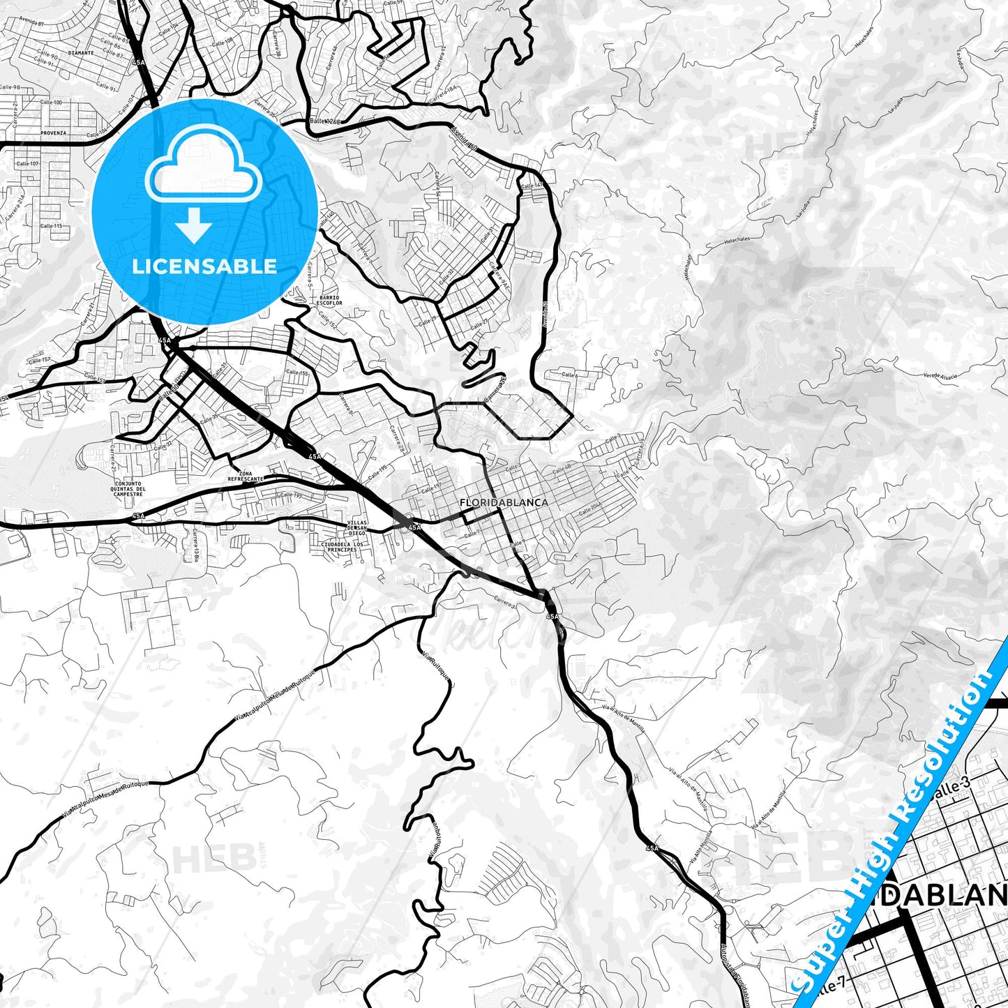 Floridablanca, Colombia Light Map with Street Names, City Names, and Districts