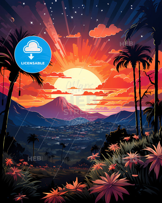 Floridablanca Colombiana Valley Sunset Skyline with Palm Trees and Mountains Painting