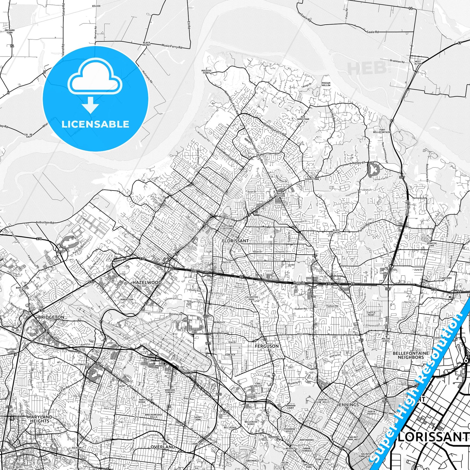 Florissant, Missouri light map with streetnames, citynames and districts