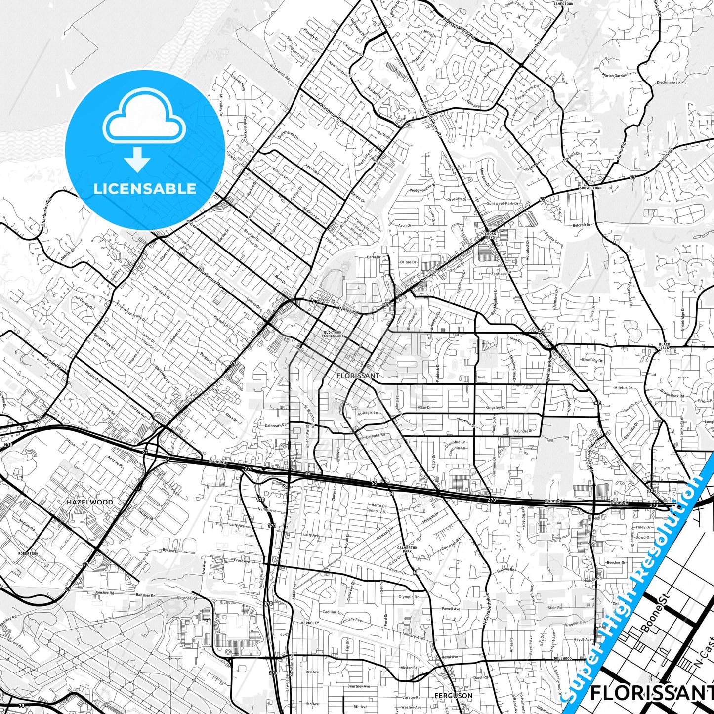 Florissant, Missouri Light Map with Street Names, City Names, and Districts