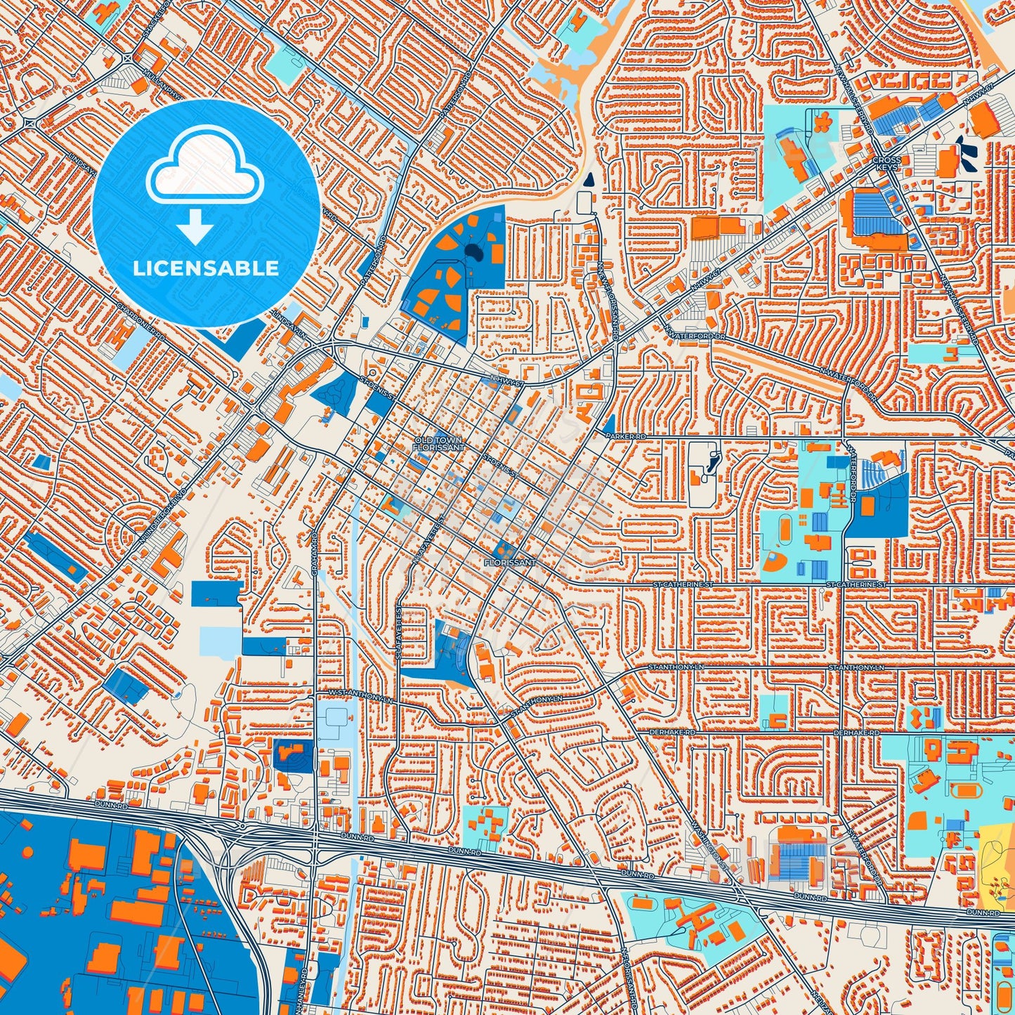 Colorful Florissant Street Map with Labels and Buildings