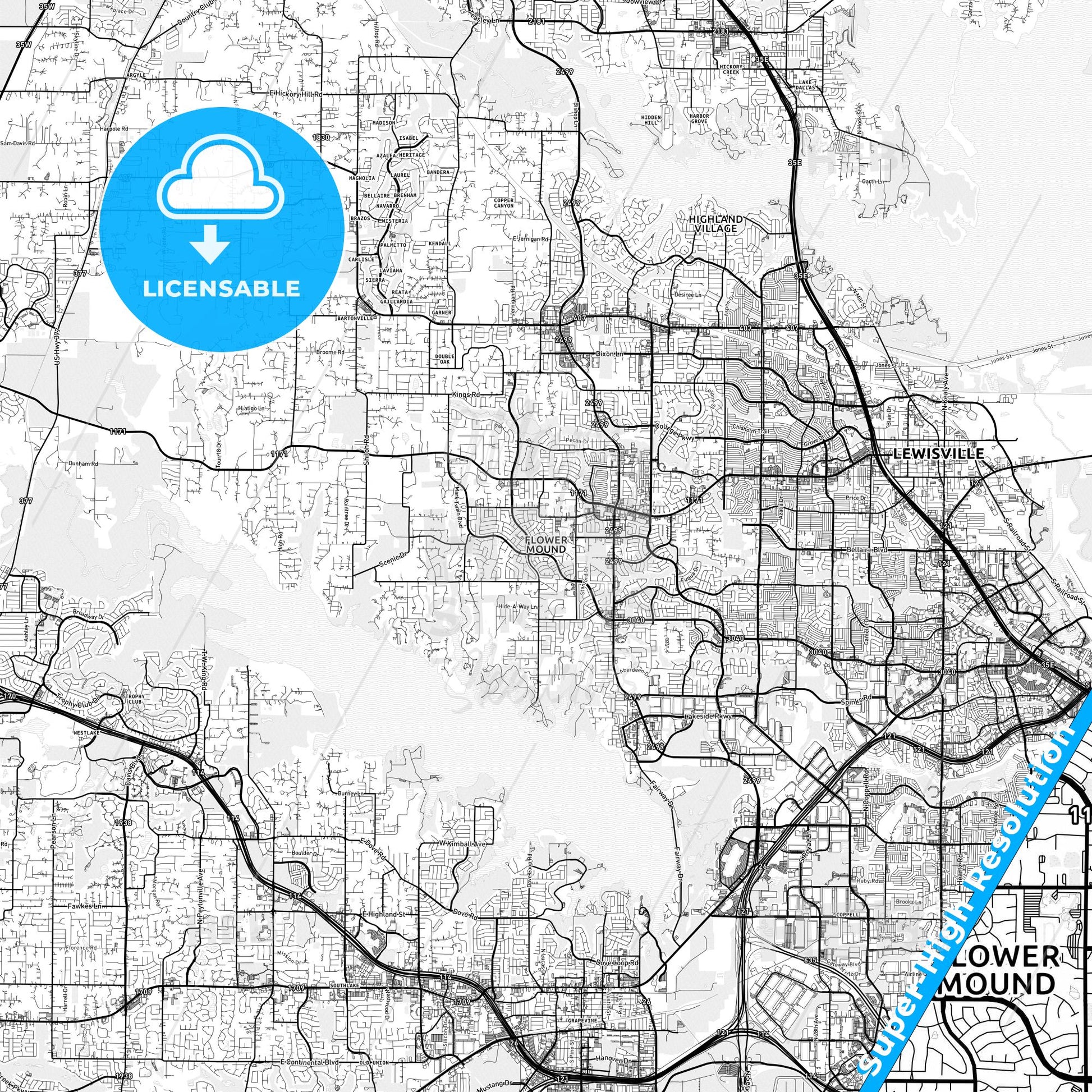 Flower Mound, Texas light map with streetnames, citynames and districts