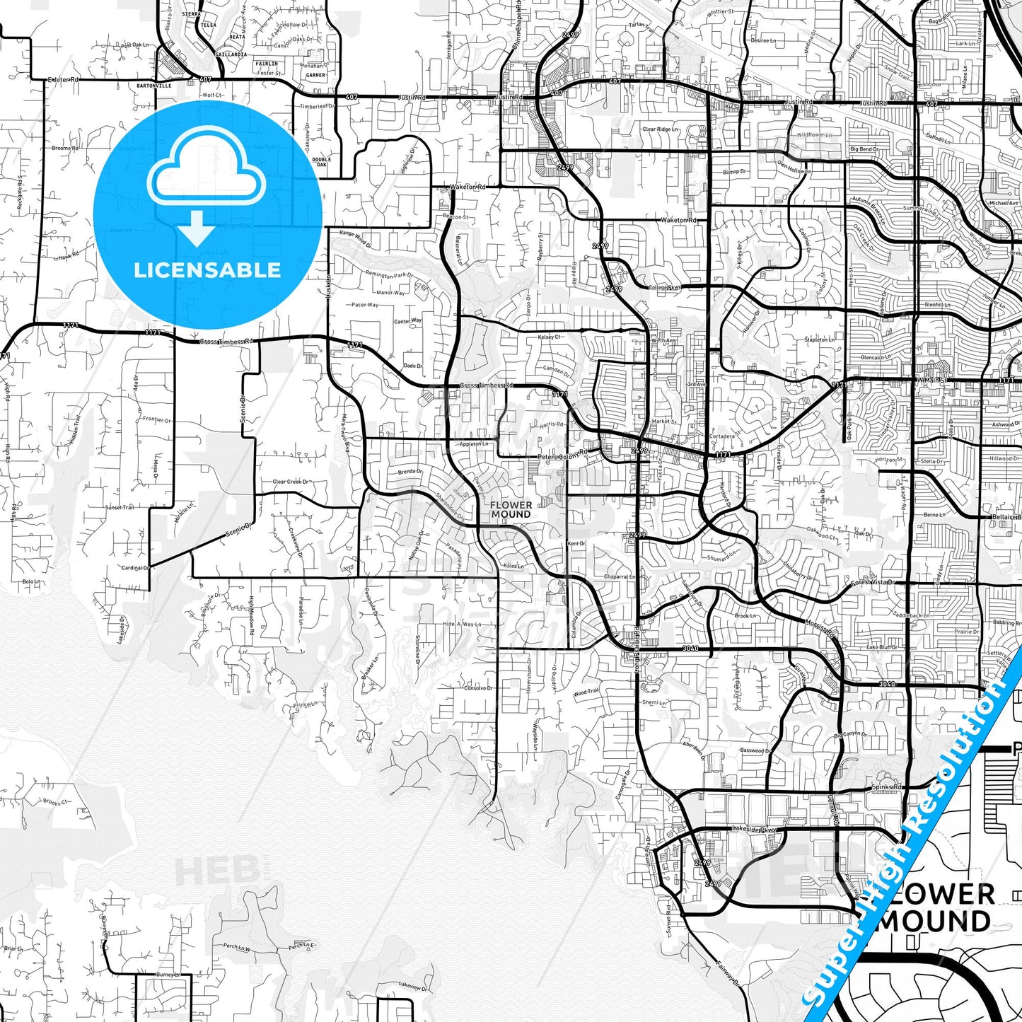 Flower Mound, Texas Light Map with Street Names, City Names, and Districts