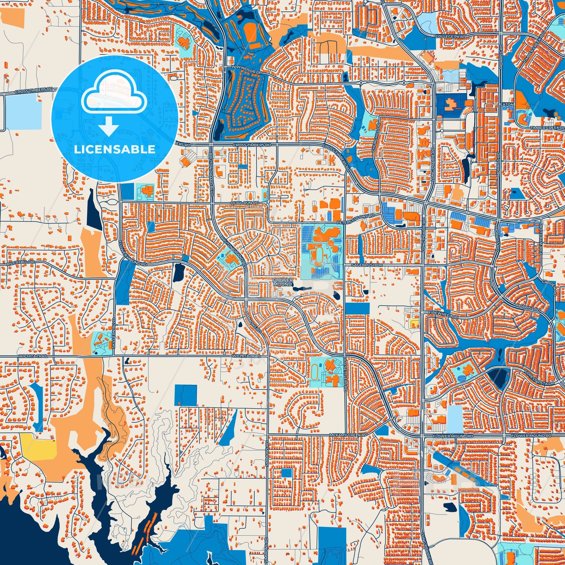 Colorful Flower Mound Street Map with Labels and Buildings