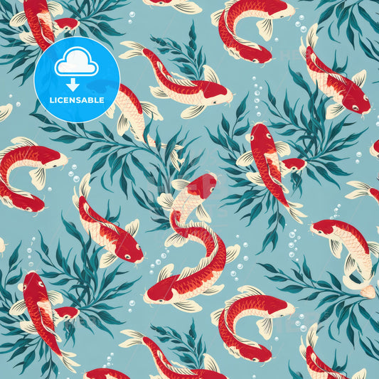 Flowing Japanese Woodblock Print: Exquisite Blue & White Fish Pattern Illustration