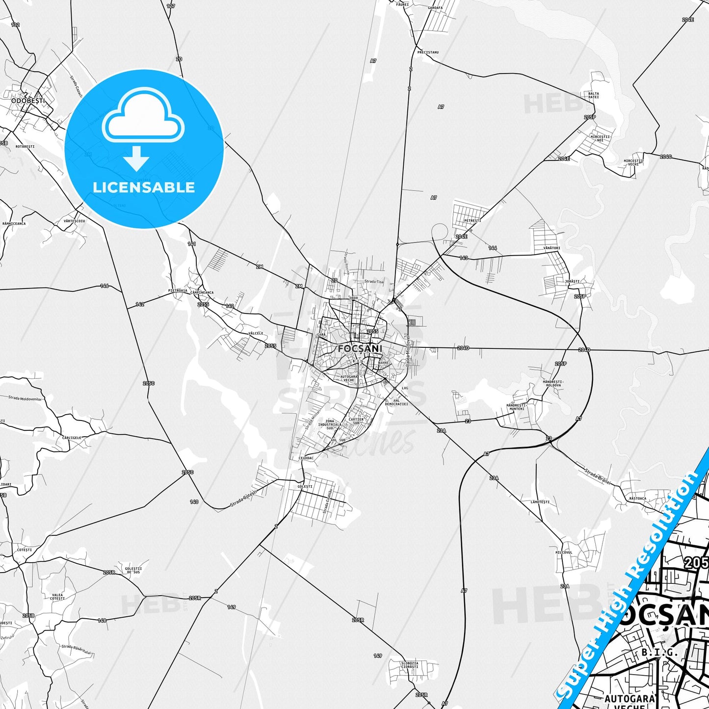 Focșani, Romania light map with streetnames, citynames and districts