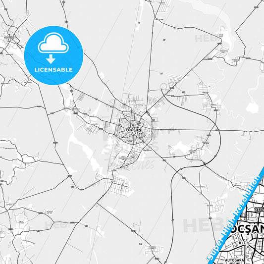 Focșani, Romania light map with streetnames, citynames and districts