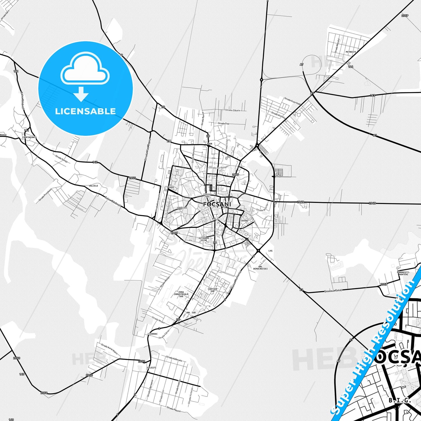 Focșani, Romania Light Map with Street Names, City Names, and Districts
