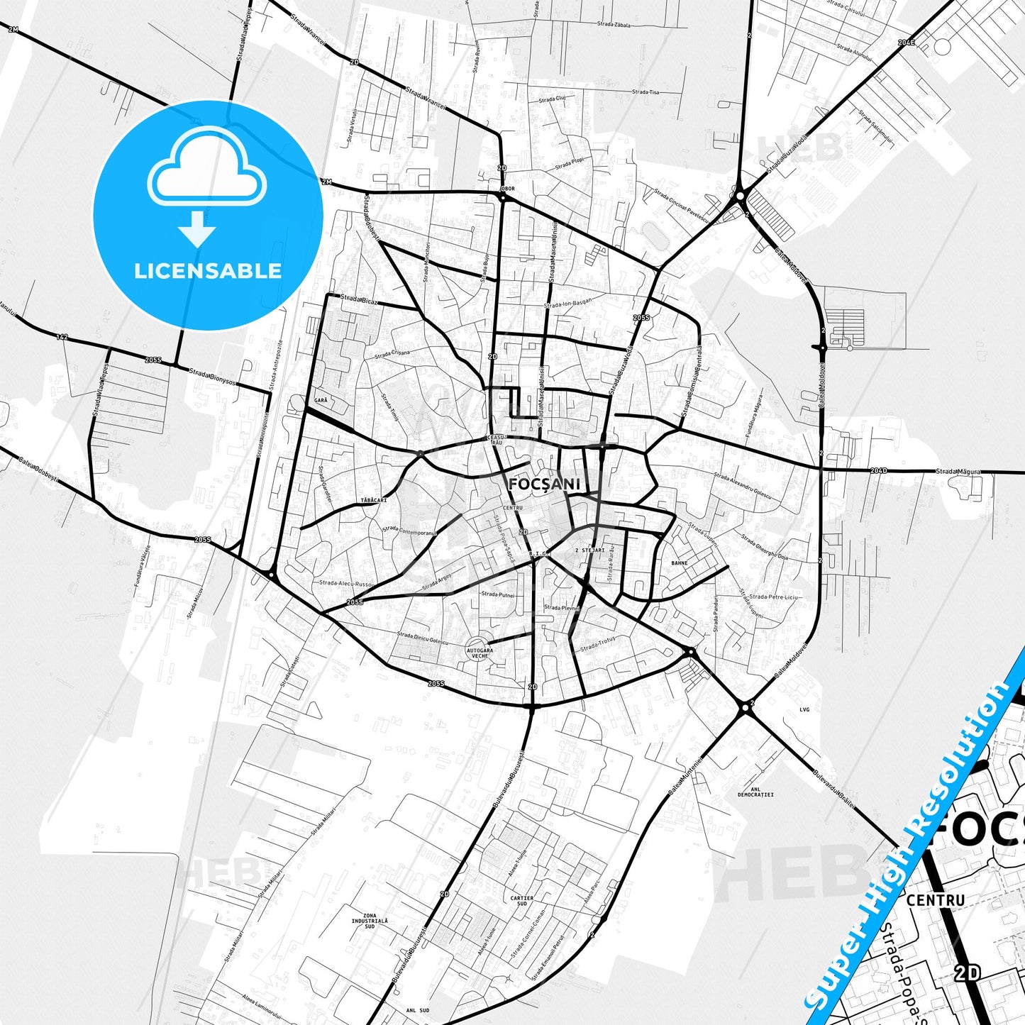 Focșani, Romania Light Map with Street Names, City Names, and Districts
