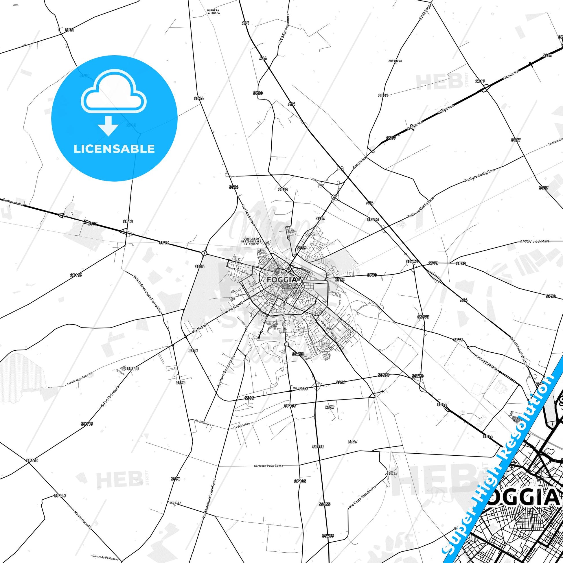 Foggia, Italy light map with streetnames, citynames and districts