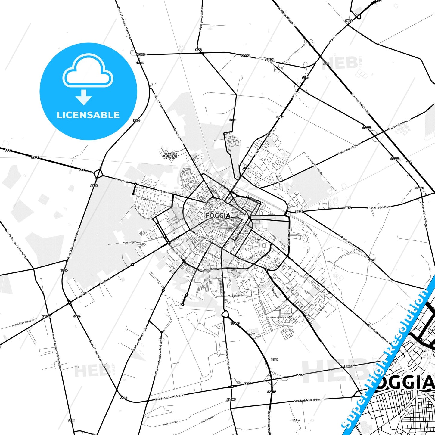 Foggia, Italy Light Map with Street Names, City Names, and Districts