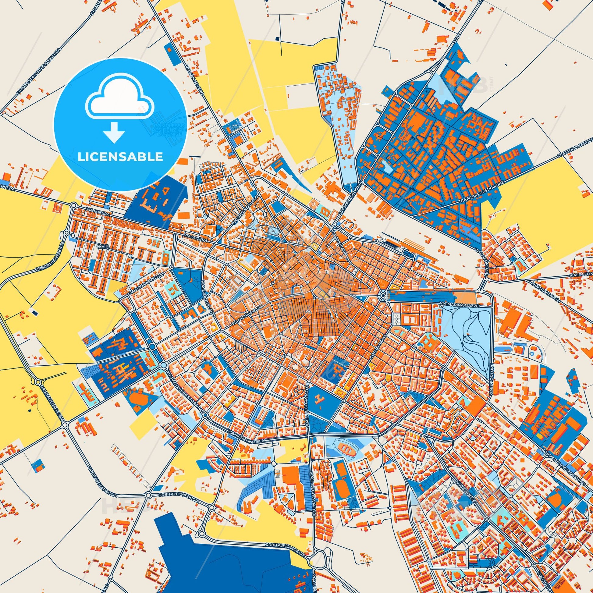 Colorful Foggia Street Map with Labels and Buildings