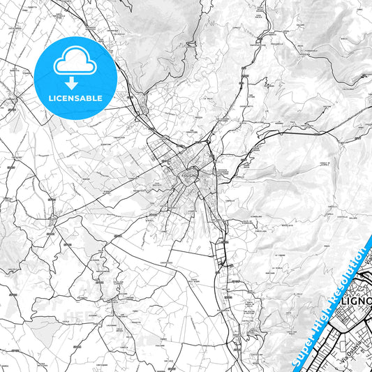 Foligno, Italy light map with streetnames, citynames and districts