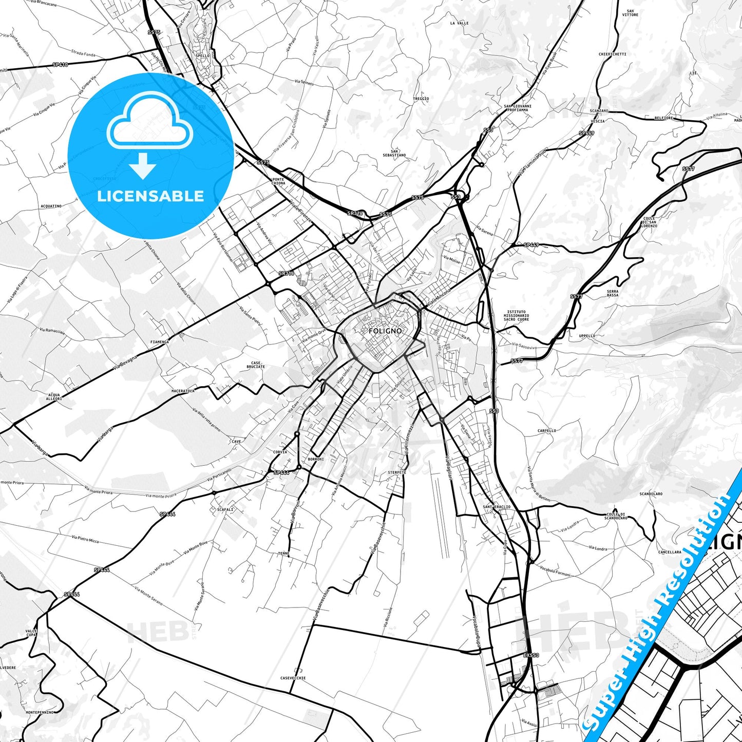 Foligno, Italy Light Map with Street Names, City Names, and Districts