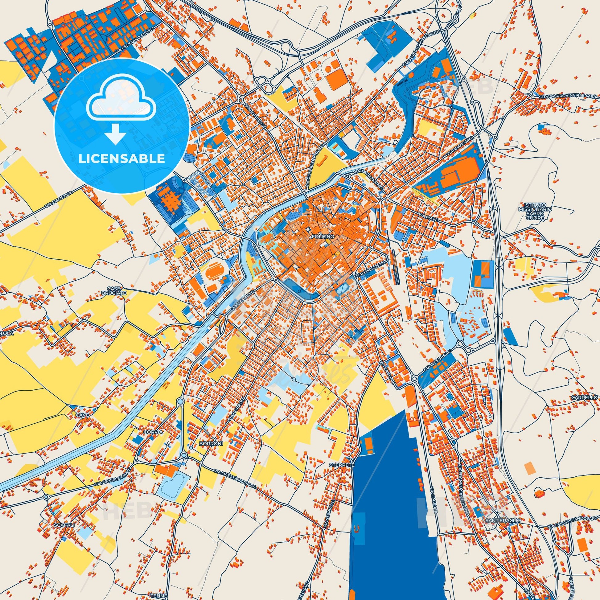Colorful Foligno Street Map with Labels and Buildings