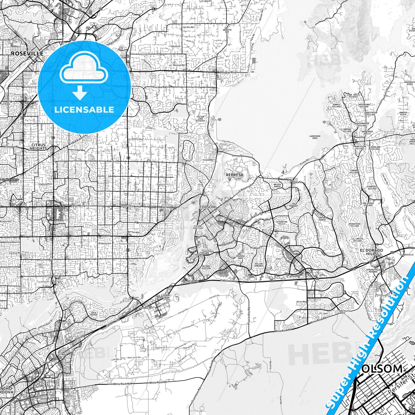 Folsom, California light map with streetnames, citynames and districts