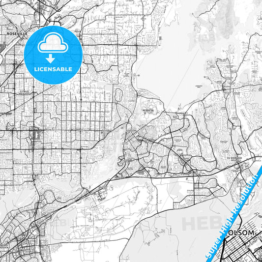 Folsom, California light map with streetnames, citynames and districts