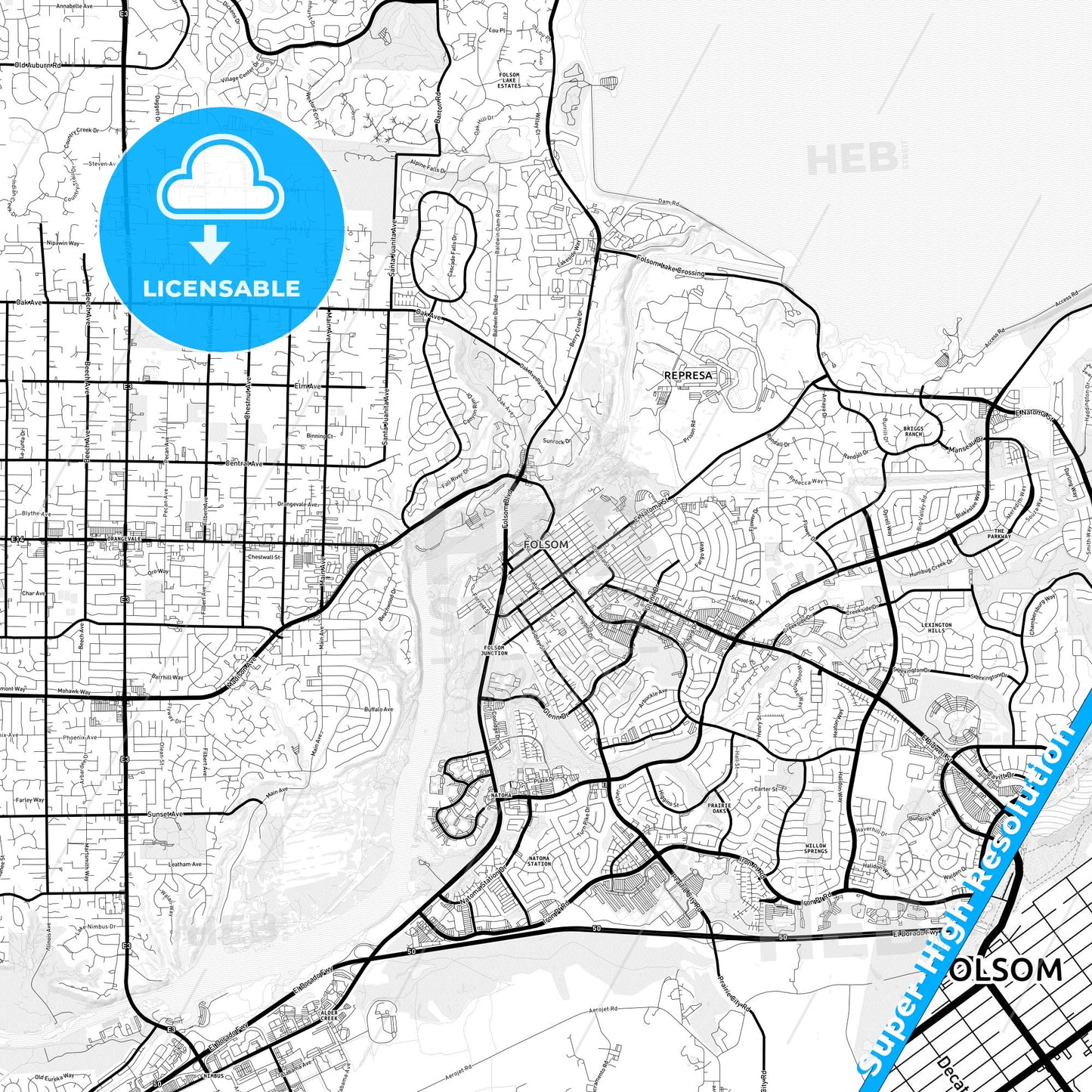 Folsom, California Light Map with Street Names, City Names, and Districts