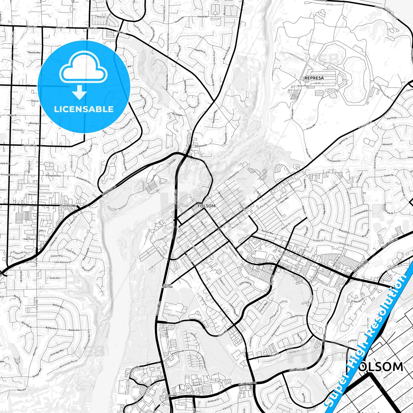 Folsom, California Light Map with Street Names, City Names, and Districts