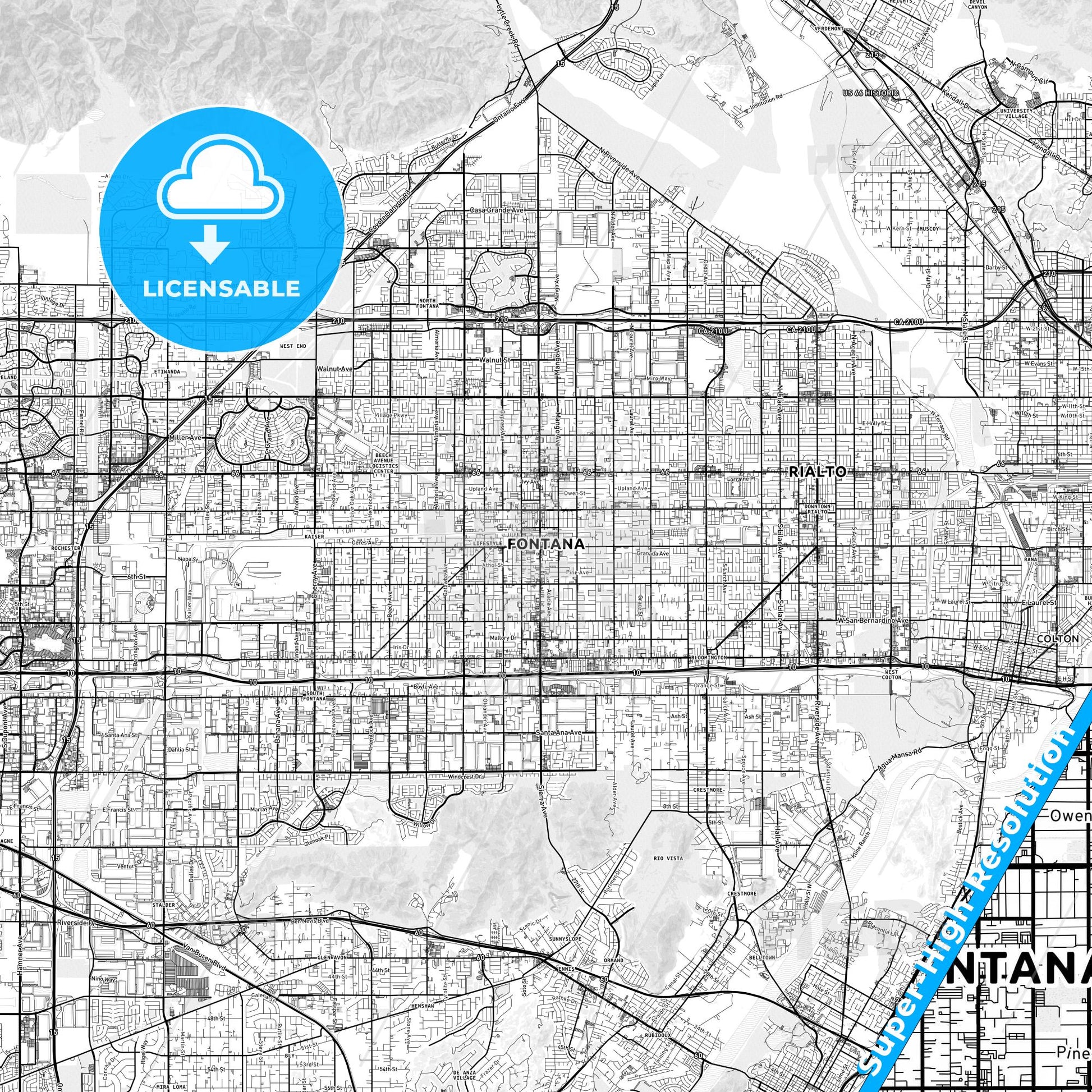 Fontana, California light map with streetnames, citynames and districts