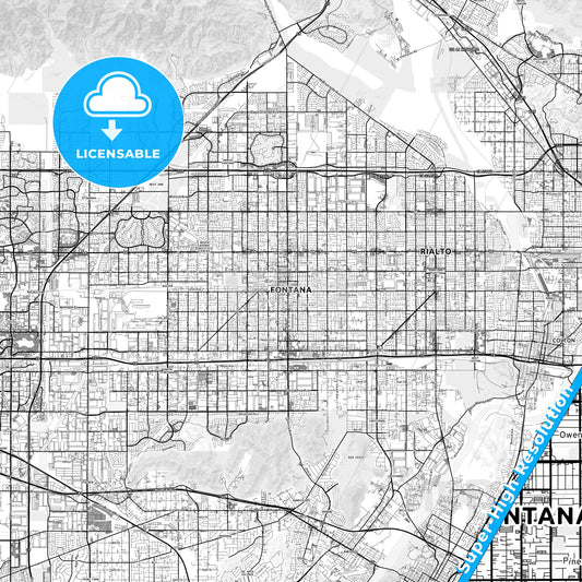 Fontana, California light map with streetnames, citynames and districts