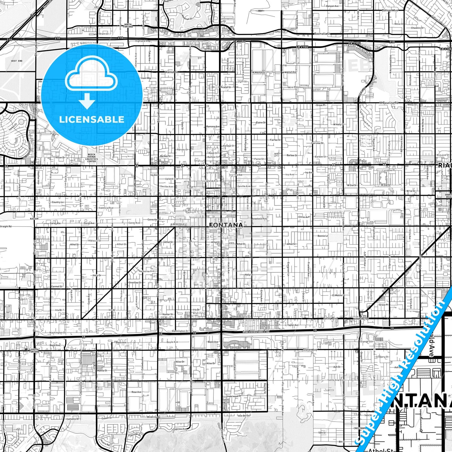 Fontana, California Light Map with Street Names, City Names, and Districts