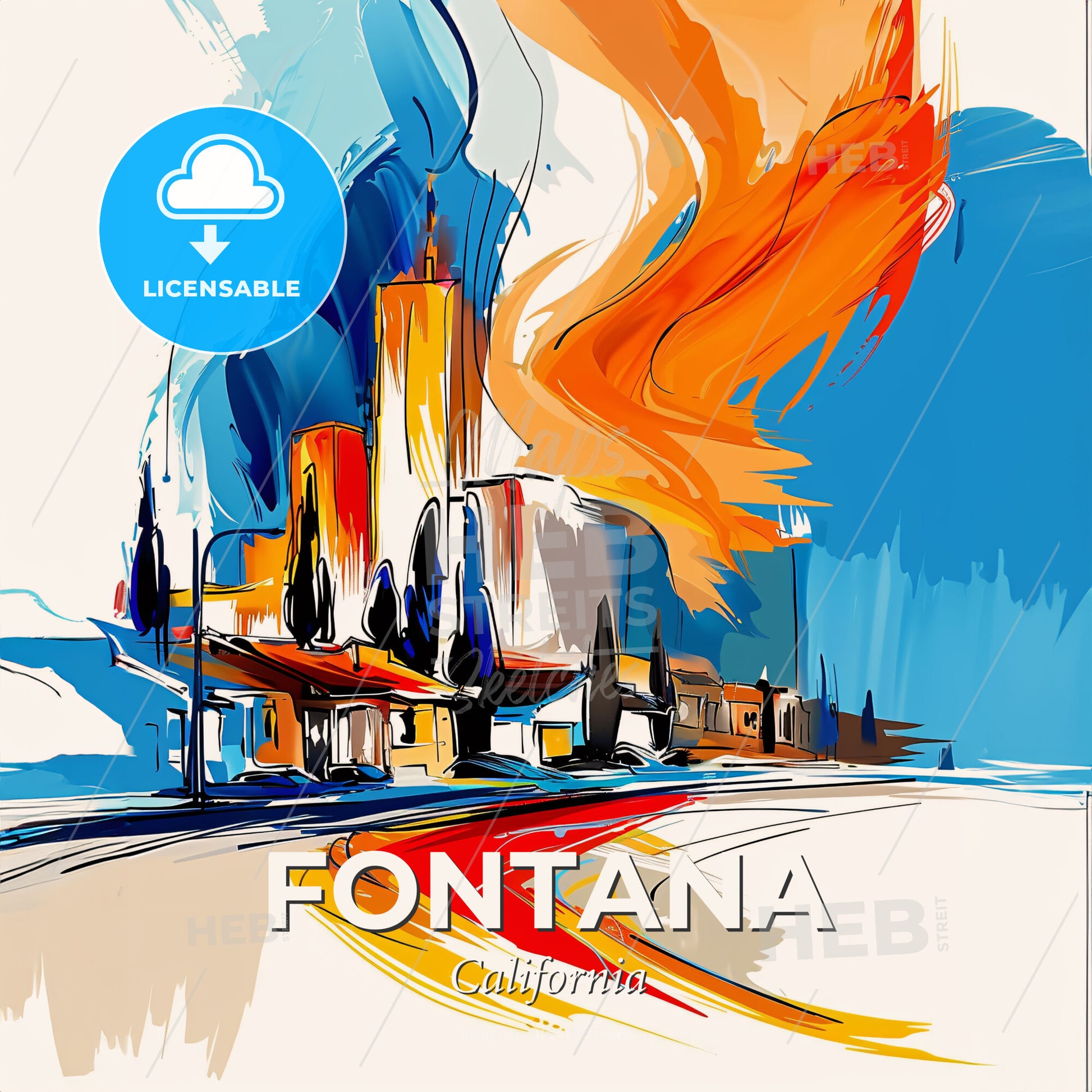 Vibrant Fontana, California - A Painting Of A City With Orange Flames - Square format print template