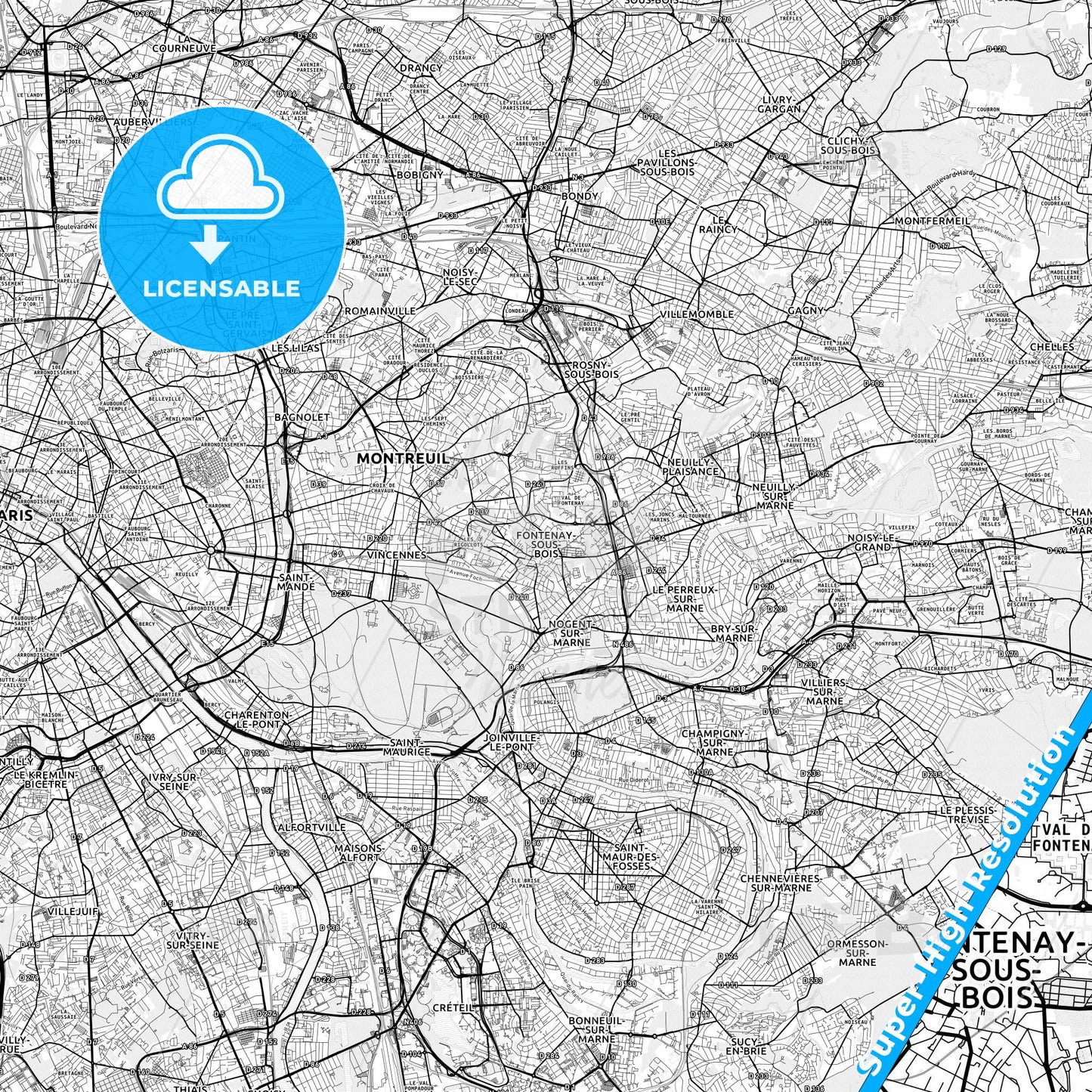 Fontenay-sous-Bois, France light map with streetnames, citynames and districts