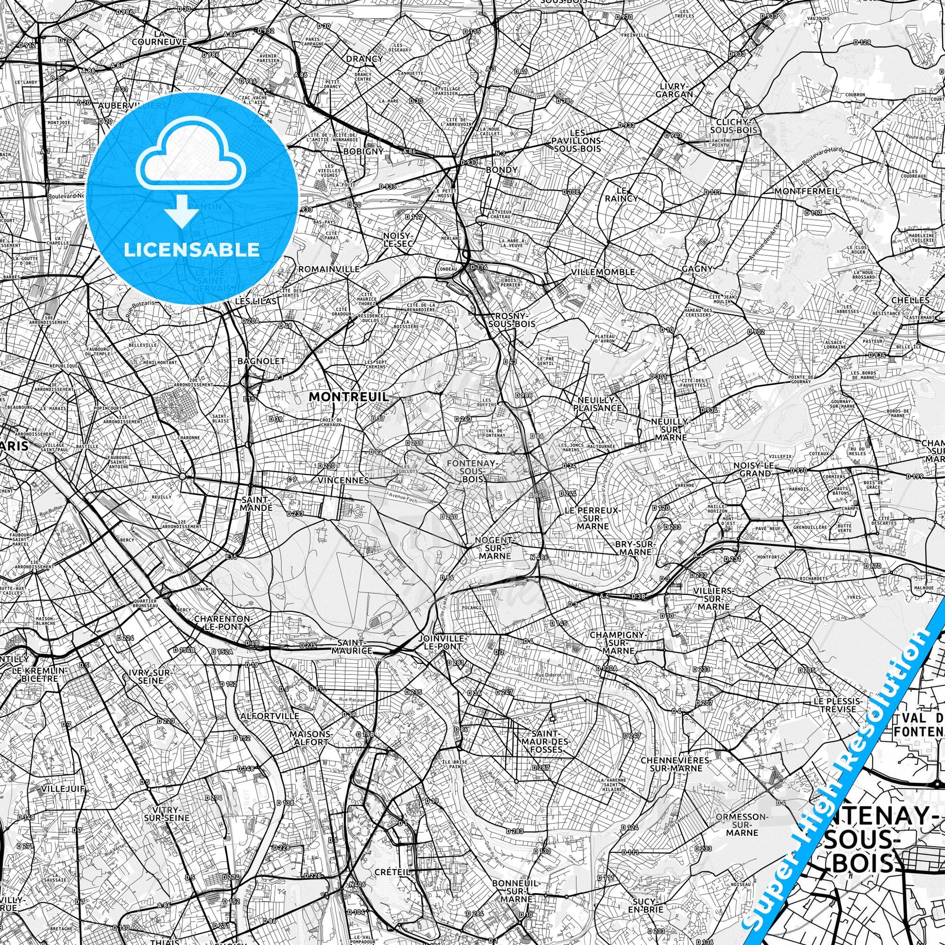 Fontenay-sous-Bois, France light map with streetnames, citynames and districts