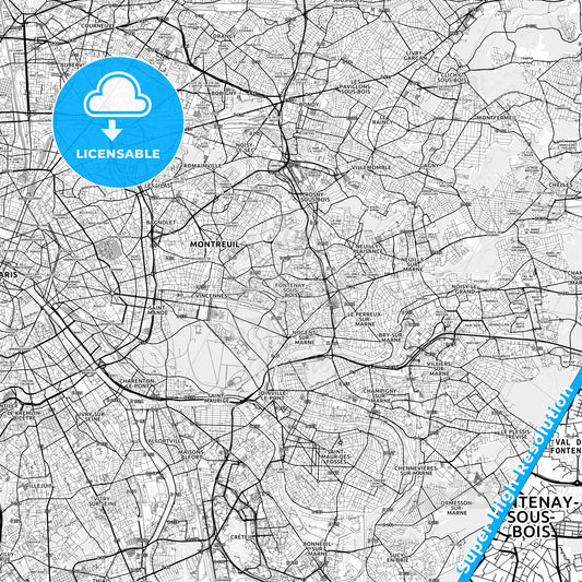 Fontenay-sous-Bois, France light map with streetnames, citynames and districts