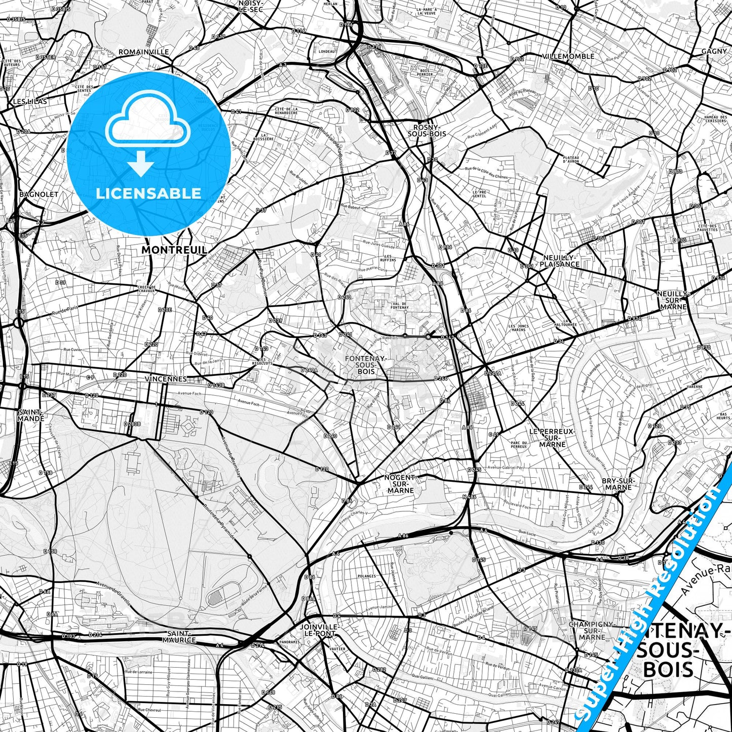 Fontenay-sous-Bois, France Light Map with Street Names, City Names, and Districts
