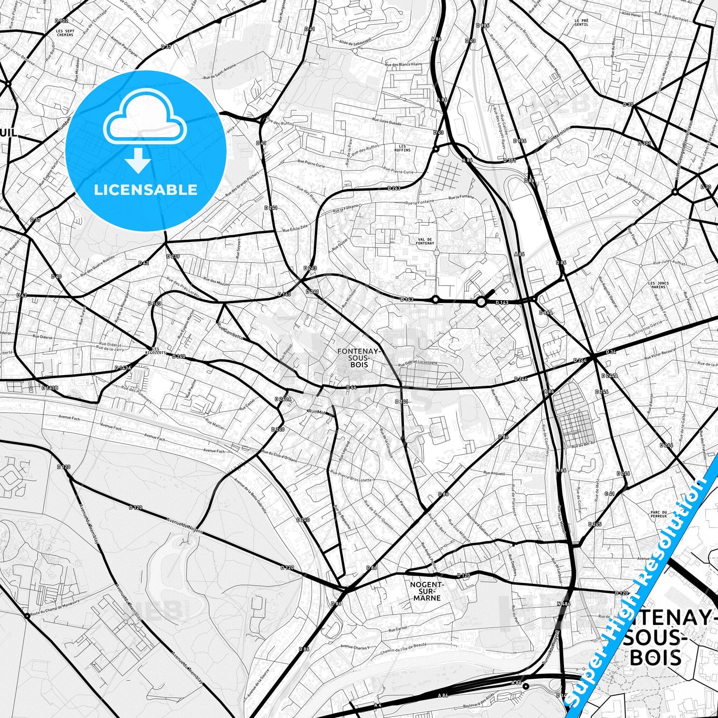Fontenay-sous-Bois, France Light Map with Street Names, City Names, and Districts