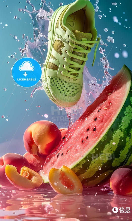 Hypnotic Watermelon Waterfall Splash with Vibrant Peachy Shoe, Hyperrealistic Surreal Burst of Refreshing Fruit Colors in High Resolution
