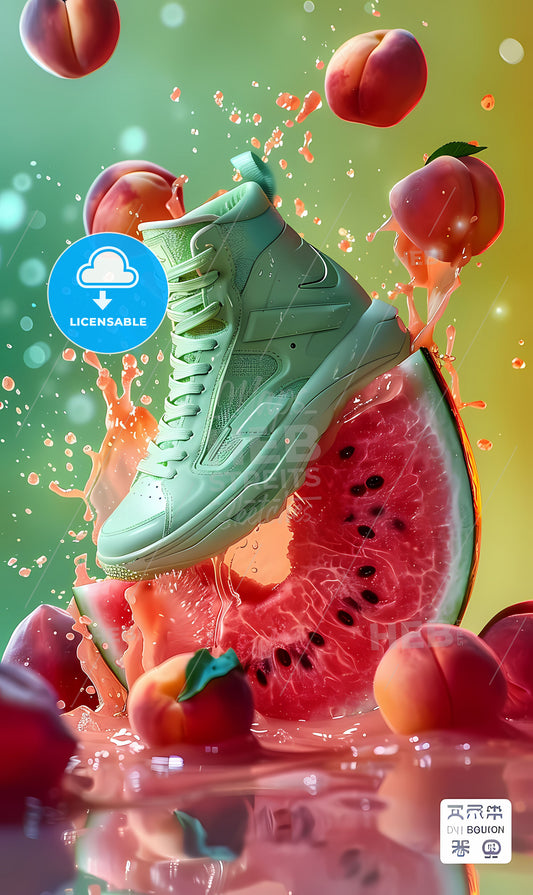 Surreal Watermelon Explosion with Shoe Silhouette, Vibrant Depth of Field, Hyperrealism, High Resolution