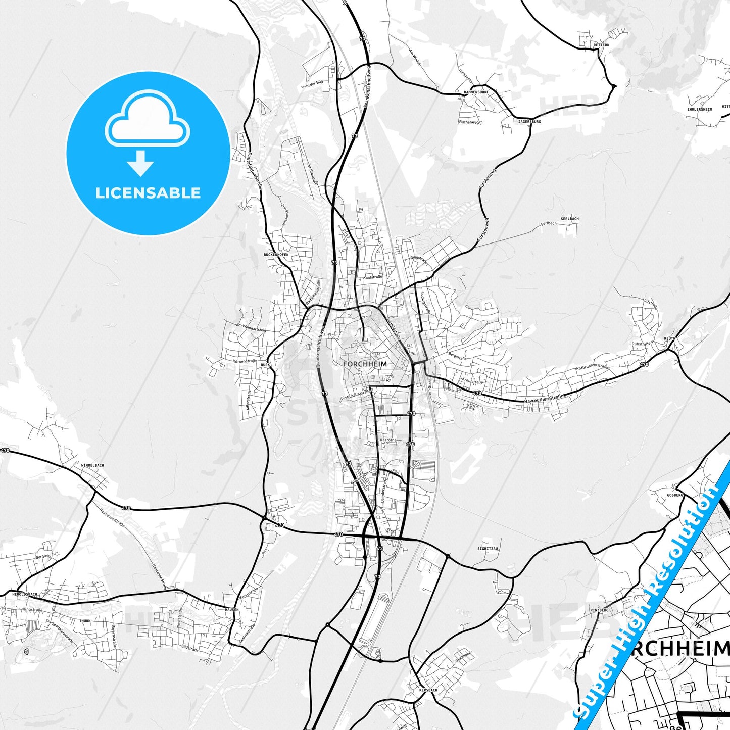 Forchheim, Germany Light Map with Street Names, City Names, and Districts