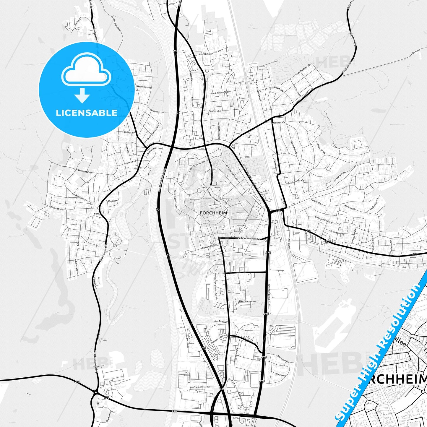 Forchheim, Germany Light Map with Street Names, City Names, and Districts