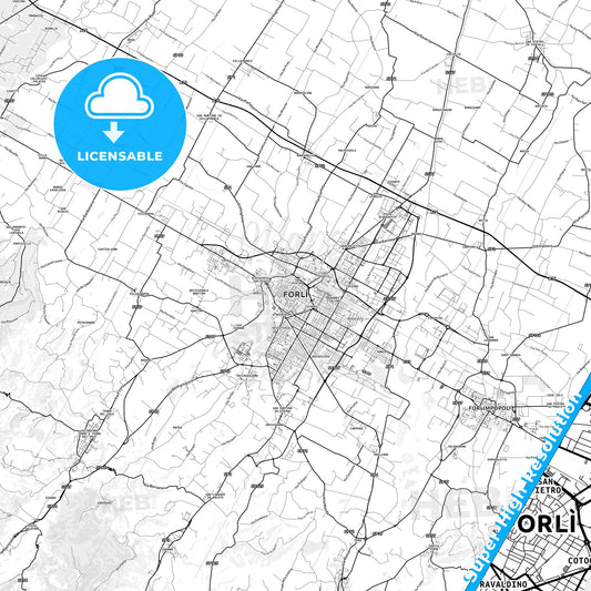 Forlì, Italy light map with streetnames, citynames and districts